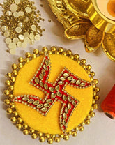 Swastik Decorative Rangoli – White Diamond & Gold Motifs on Round MDF with Gold